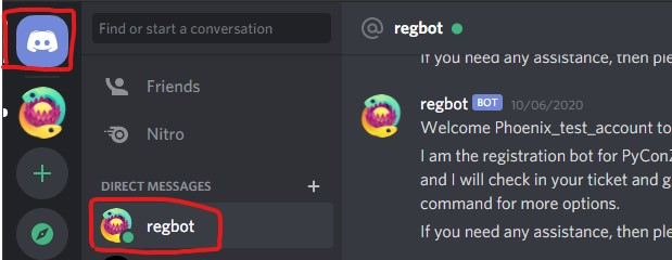 PyConZA 2020 Discord Direct Message with Regbot.